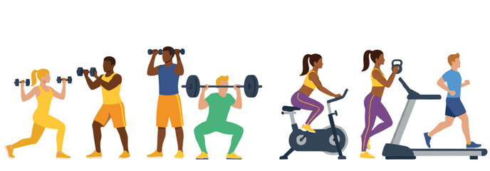 Gym workout and fitness training illustration set showing strength exercises, weightlifting, cardio machines, and healthy lifestyle activities in flat vector style © MstBobita
