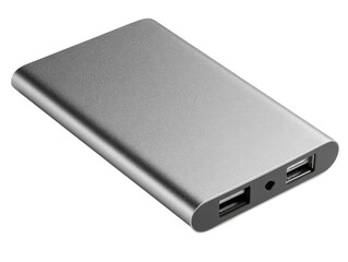 Fototapeta premium Sleek silver power bank with USB ports Isolated Transparent Background, PNG