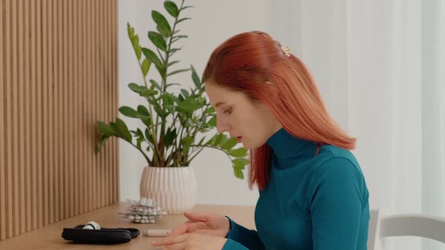 A woman checks her blood sugar with a glucometer and sees a reading of 200 mg dL. She appears concerned about this very high glucose level.