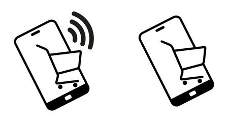 Mobile shopping icons with cart on smartphone screens. Web and e-commerce thin line icon. Mobile phone screen shopping cart icon for online purchasing and checkout. Online shopping and e-commerce line © Melnychukfree