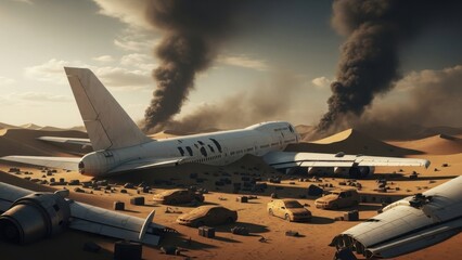 Crashed airplane in desert landscape with smoke and debris