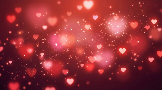 Defocus Light Red Background. Hearts Bokeh Background For Valantine's Day