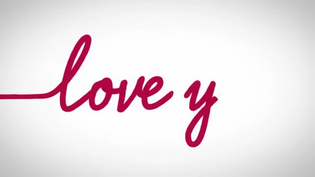 Extreme close-up static video of a vibrant crimson red cursive line writing 'love you' on a pristine pure white background with soft studio lighting. Heartfelt and intimate concept