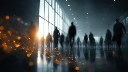Blurred silhouettes of people moving through a modern, sunlit interior with an orange network overlay