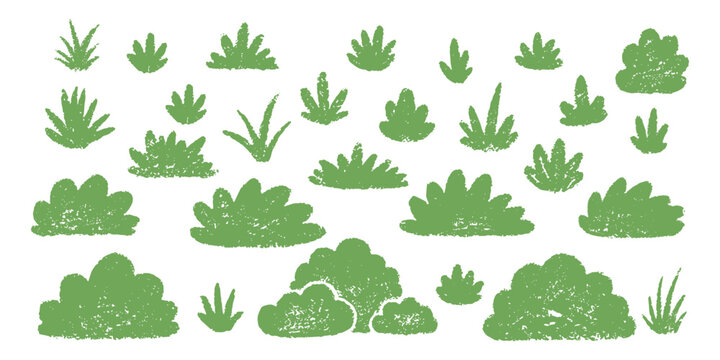 Vector set of green crayon style bushes and grass. Hand drawn rough texture plant elements isolated on white