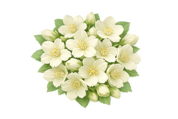 Fototapeta premium Jasmine flowers forming a round bouquet, blooming white petals and green leaves, transparent background