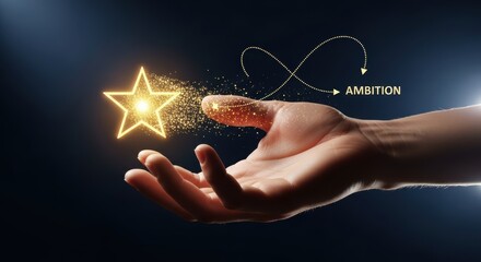 Hand reaching for a glowing golden star symbolizing ambition and success on a dark background