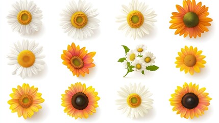 Three Vibrant Sunflowers in Various Hues Against a White Background