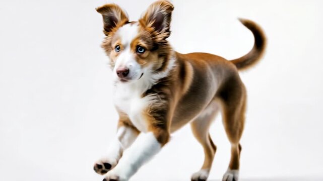 Energetic puppy running playfully indoors with joyful expression and fluffy tail wagging