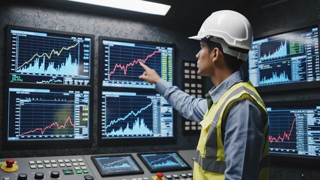 Man in yellow safety vest and white hard hat looking at computer screens