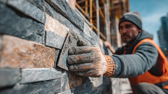 Construction worker's gloved hand installs textured stone cladding on a building