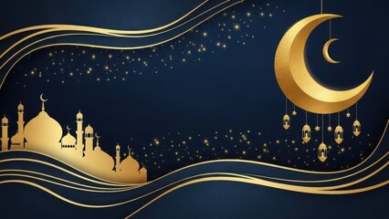 Elegant gold crescent moon and mosque silhouette on starry night background
