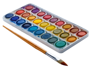 Watercolor paint set with a paintbrush ready for an art project Isolated Transparent Background, PNG