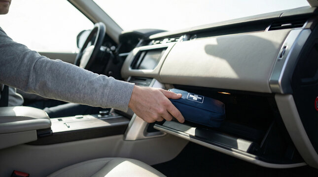 Man taking first aid kit from car glove box