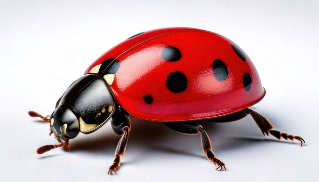 Close-up of a vibrant red ladybug with black spots on a white background.