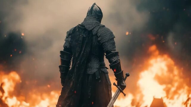Courageous medieval knight in armor holding a sword and standing in front of a burning battlefield