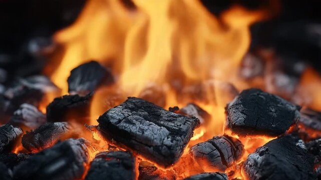 Hot charcoal briquettes glowing red and burning with orange flames, perfect for barbecue concepts