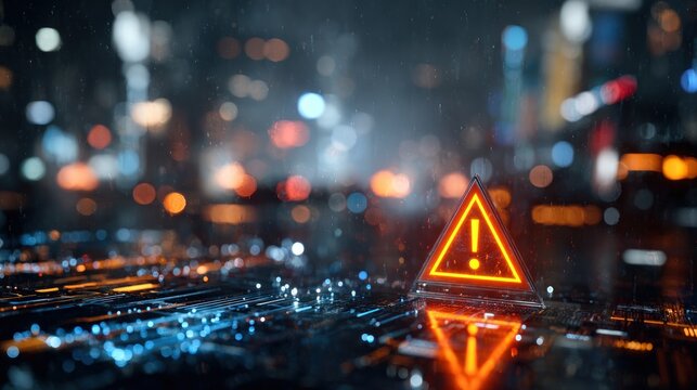Glowing orange warning sign on a futuristic circuit board in a blurred neon city at night - Powered by Adobe