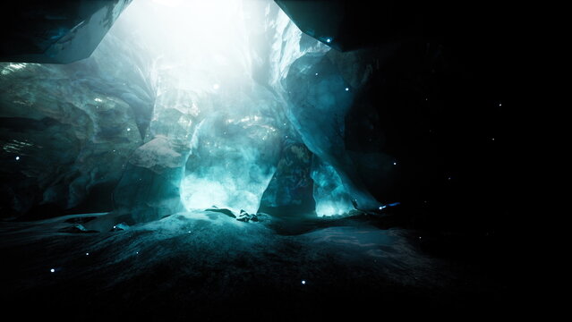 In a breathtaking underground cavern, a soft light shimmers, reflecting off the stone walls. The serene atmosphere invites exploration, revealing natural beauty and wonder hidden within the darkness.