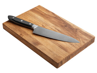 A stainless steel chef's knife resting on a wooden cutting board Isolated Transparent Background, PNG