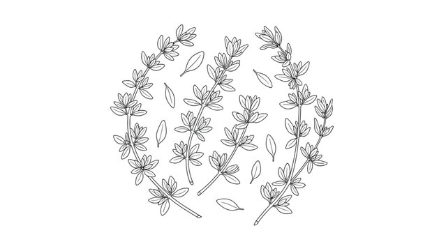 Hand drawn circular arrangement of thyme or savory herb sprigs with small leaves for botanical art and organic food packaging design.