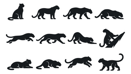 Fototapeta premium Black silhouette panther set featuring panthers in various poses for wildlife and animal design