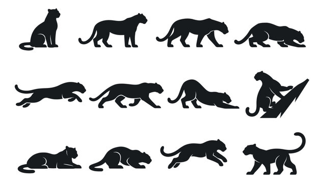 Black silhouette panther set featuring panthers in various poses for wildlife and animal design