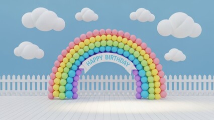 Colorful rainbow balloon arch with Happy Birthday banner for party decoration