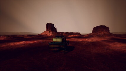 An otherworldly scene unfolds with towering rock formations under a hazy sky. A unique structure sits amid the vast, barren terrain, suggesting human like exploration on a distant planet.