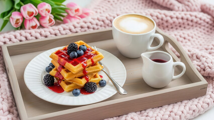 Waffle knit blanket draped over a cozy tray with stacked waffles topped with berries and syrup, accompanied by a cup of coffee and a small pitcher of syrup, creating a warm breakfast scene