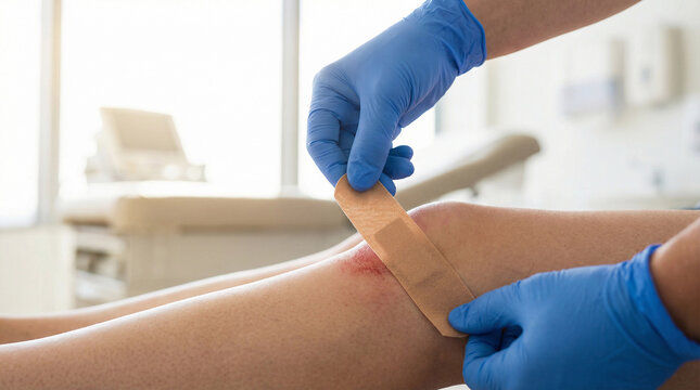 Medical professional applying bandage to knee injury