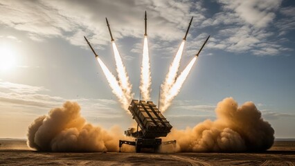 Missile defense system launching multiple rockets into sky