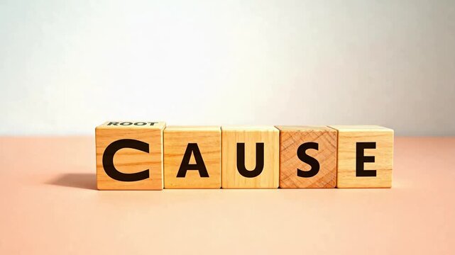 Hand arranging wooden blocks spelling root cause