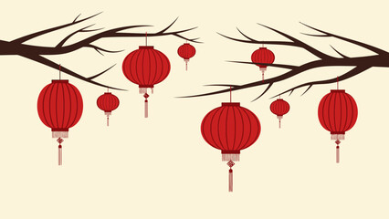 Red Chinese Lanterns Hanging on Tree Branches, Traditional Cultural Decoration on Light Background