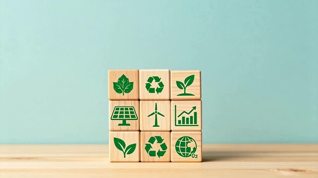 Hand placing wooden blocks with eco symbols