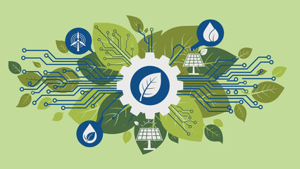 Fototapeta premium Green Technology Concept with Circuit Board, Leaves, and Eco Energy Icons on Light Green Background