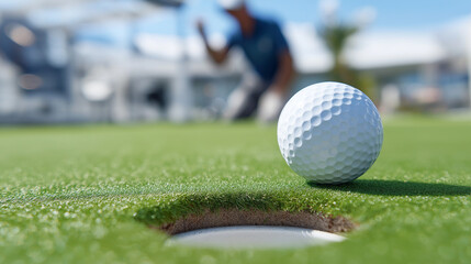 Close up of golf ball near hole with blurred male player