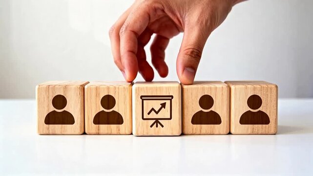 Hand placing block with growth icon among people icons