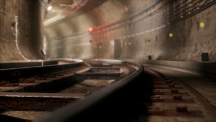 Obraz premium Shadows dance along the curved tracks of a subway tunnel, where ambient lights flicker in the distance. Rust and history blend in this quiet, hidden world beneath the city.