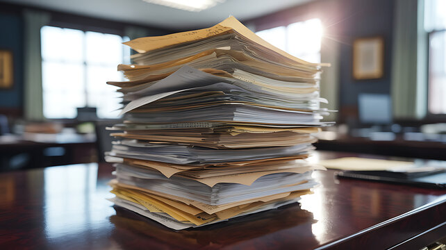 Overstuffed stack of legal documents and paperwork piled high on a polished dark wood desk in a vintage office with sunbeams streaming through large windows conveying overwhelm