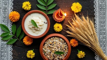 Traditional Indian Pongal festival setup with rice and grains