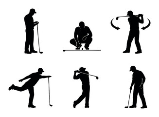 Silhouettes of male golfers in various poses and actions