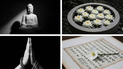 Serene Buddhist symbols and nature elements for mindfulness and meditation