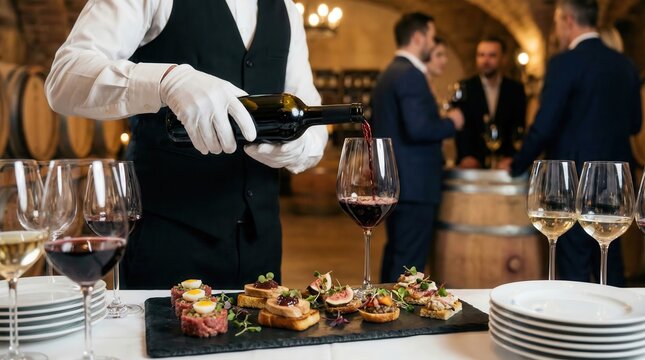 Waiter serving red wine at gourmet event with elegant appetizer set,highlighting fine dining,catering,restaurant service,and luxury culinary experience