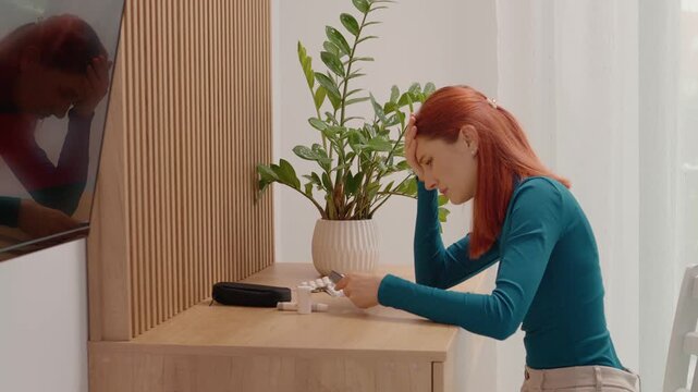 A woman checks her blood sugar using a glucometer and shows worry over the reading. She examines the pills on the table for her diabetes management.