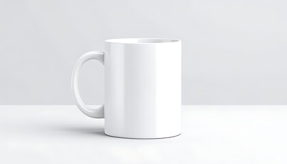 Fototapeta premium White ceramic mug on a white surface, minimalist style.