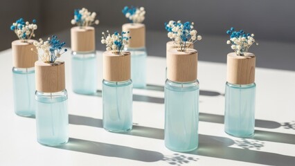 Set of small glass bottles with wooden lids and decorative flowers on a white table