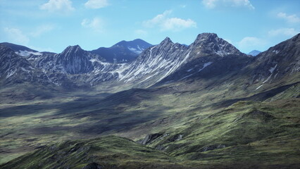 Fototapeta premium Breathtaking mountain peaks tower over expansive green valleys. The scene captures the beauty of nature in a serene environment, inviting exploration and admiration.