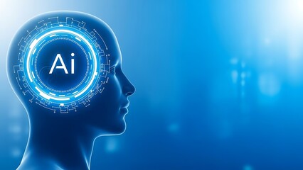 Artificial intelligence concept with human head and glowing blue circuitry