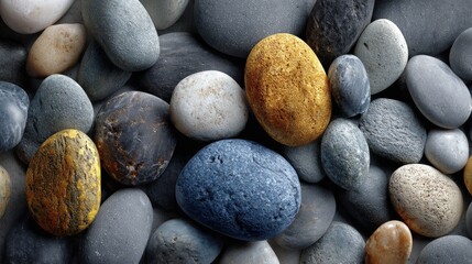 Smooth, rounded pebbles in various natural colors, including grey, white, gold, and blue